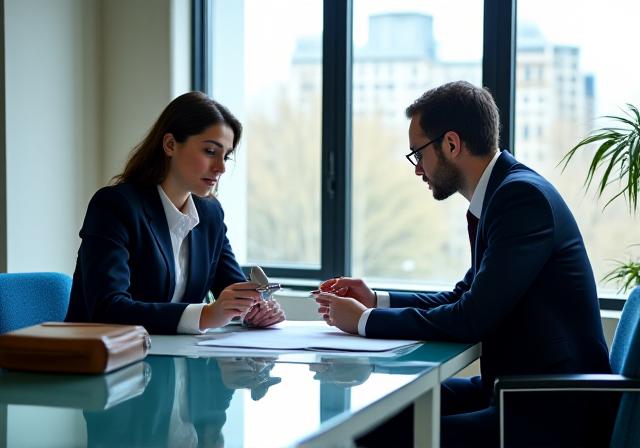 Two professionals discussing a legal contract over coffee in a bright London office